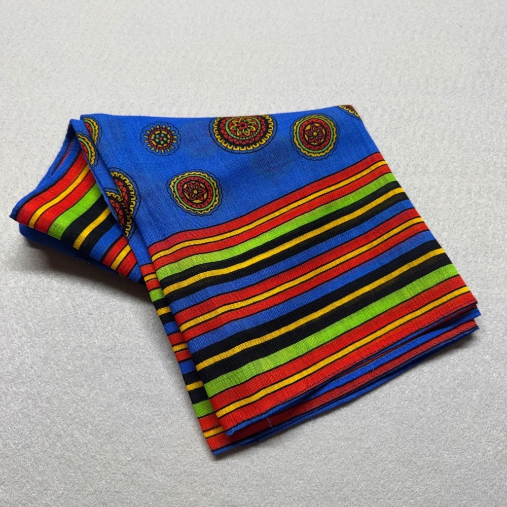 Vintage Glentex 100% Virgin Wool Scarf Blue Medallion Striped Made in Japan 28in